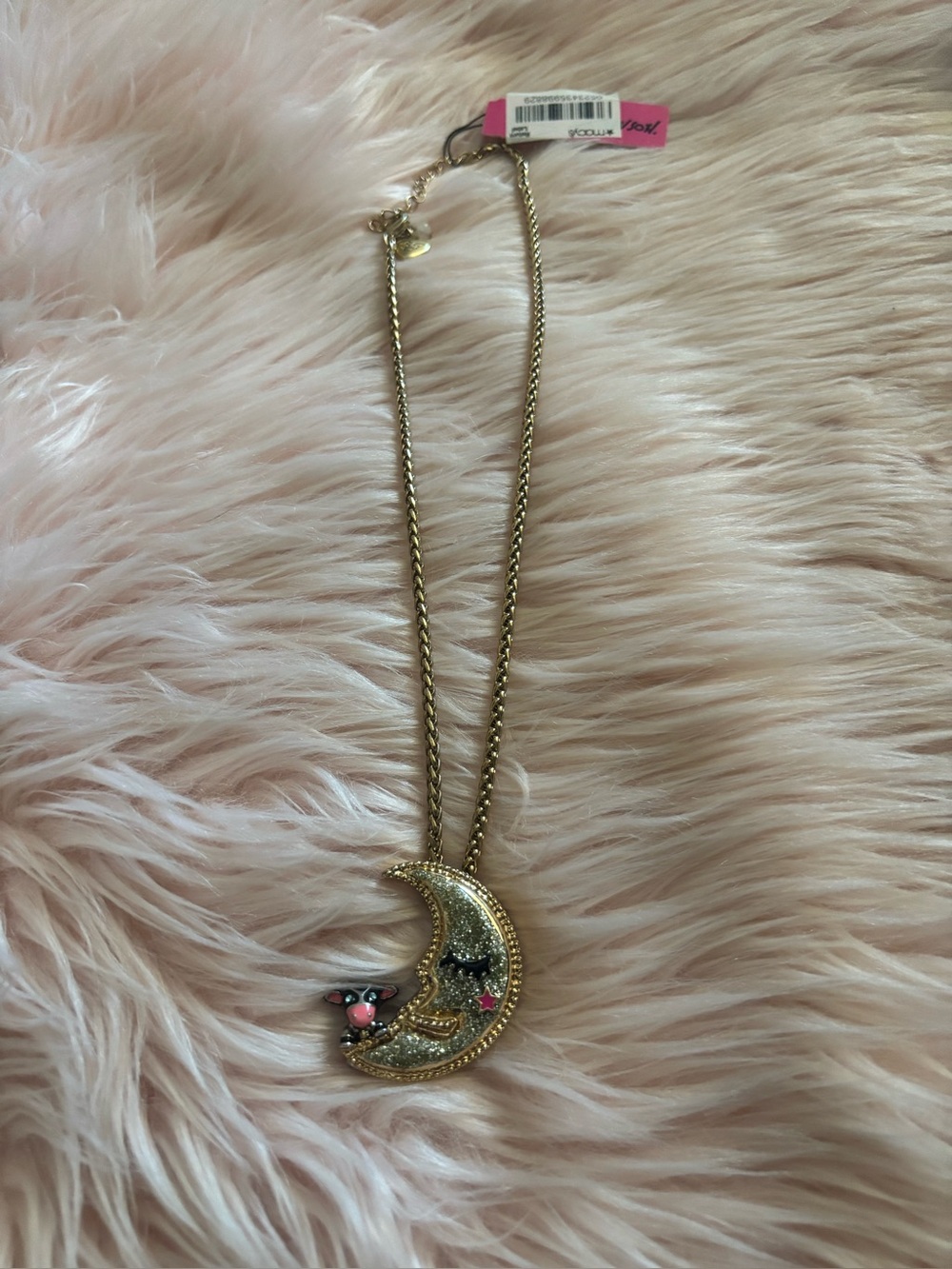 Betsey Johnson Gold Crescent Moon Necklace with Pink and Black Accents